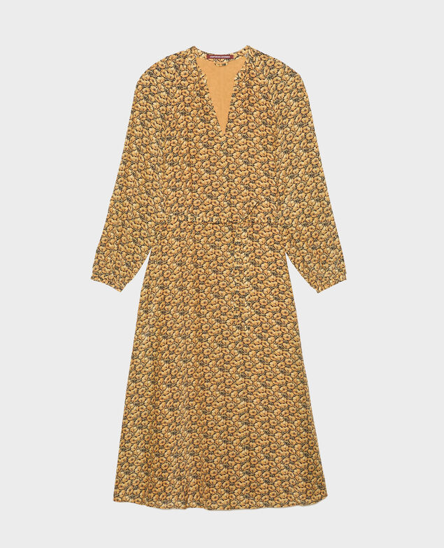 Langes Kleid aus Seide mit Gürtel und V-Ausschnitt Print artdeco lemoncurry