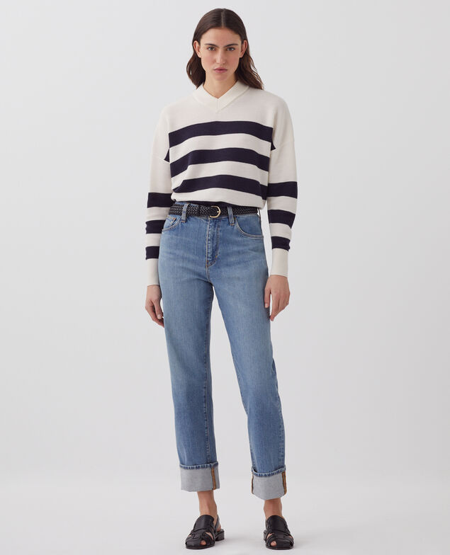 Marinepullover aus Merinowolle mit V-Ausschnitt J682 st ecru navy