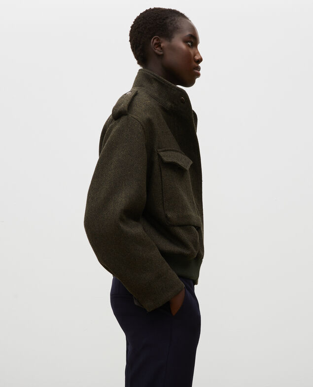 Bomberjacke aus Woll-Tweed mit Fischgrätmuster Military green