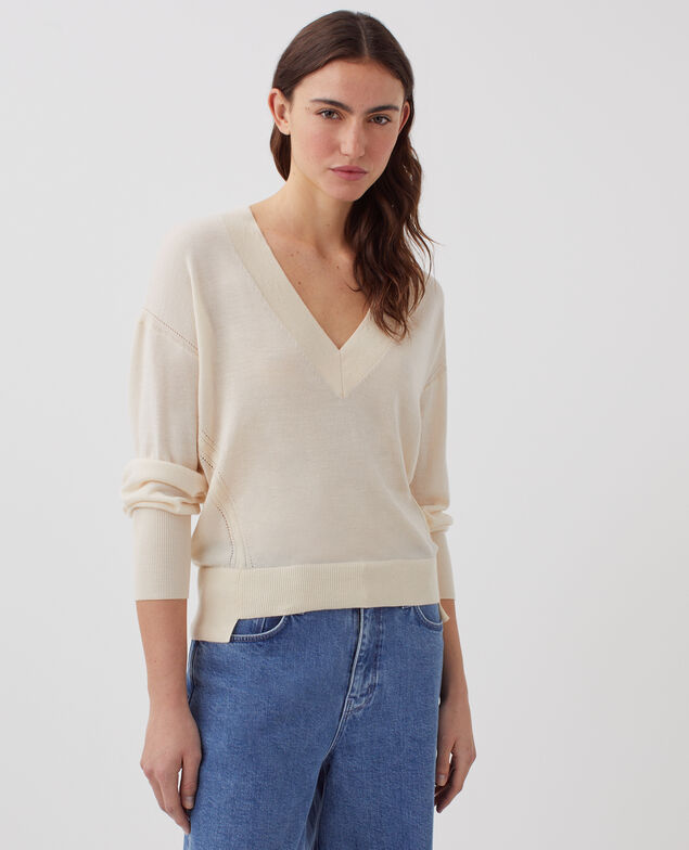 Pullover mit V-Ausschnitt aus Wolle und Seide I300 pearled ivory