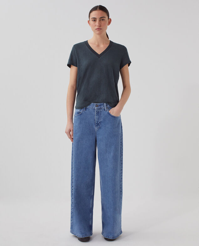 SARAH - T-Shirt mit V-Ausschnitt aus Leinen J690 blueberry
