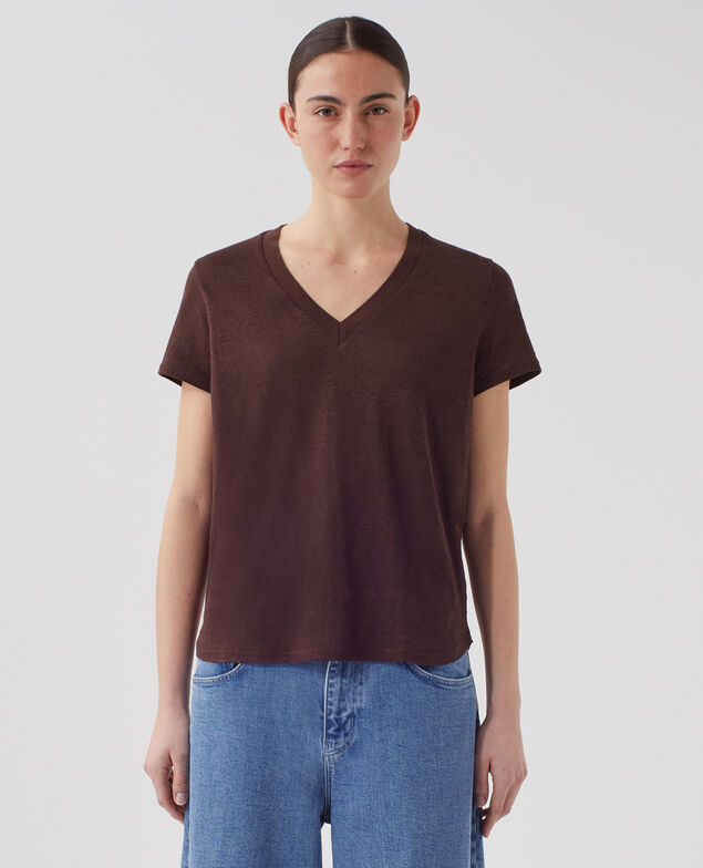 SARAH - T-Shirt mit V-Ausschnitt aus Leinen U190 wine