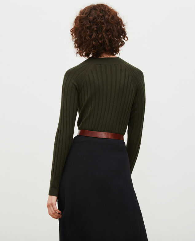  Rippstrickpullover mit Stehkragen aus Merinowolle Military green