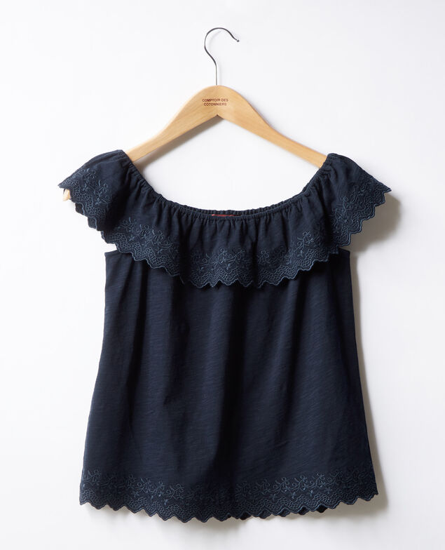 Top mit bestickter Dehnband-Rüsche Navy