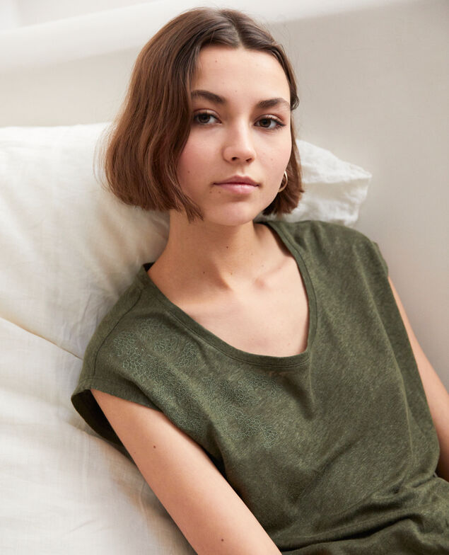  Leinen-T-Shirt, bestickt Cheng olive