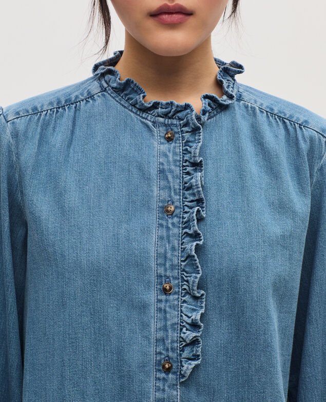 Bluse mit Volantkragen aus Baumwolle J621 light blue