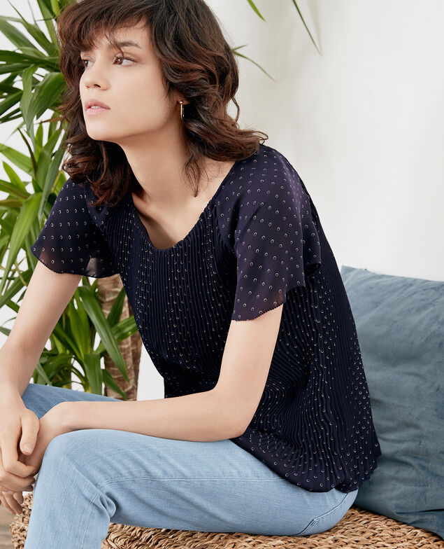 Plissée-Bluse Ring dots marine