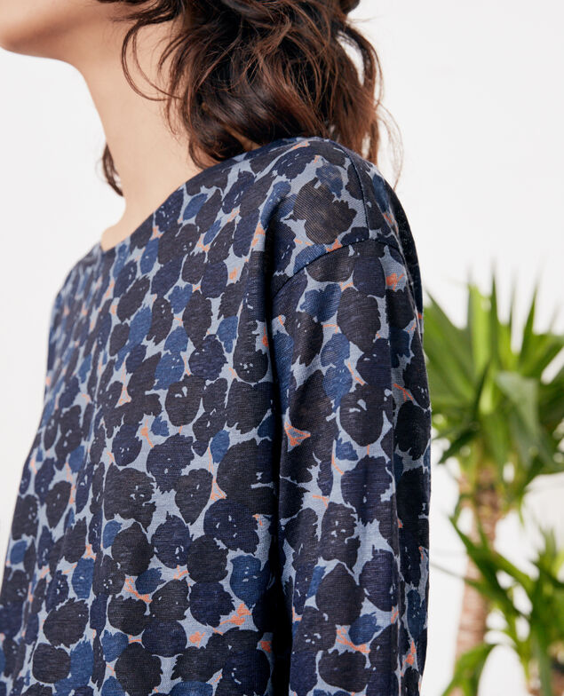 Bedrucktes T-Shirt aus Leinen Blossom shadow indigo