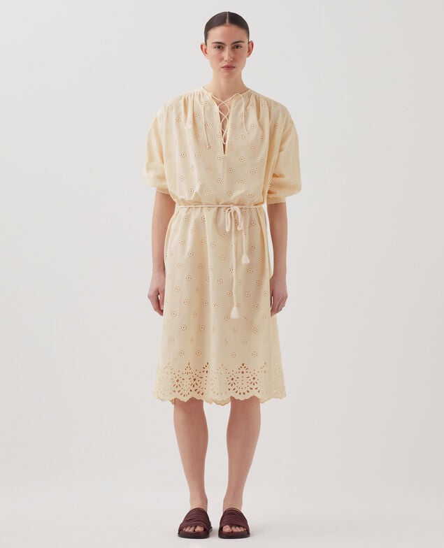 Midi-Kleid mit Lochstickerei aus Baumwolle I307 ecru