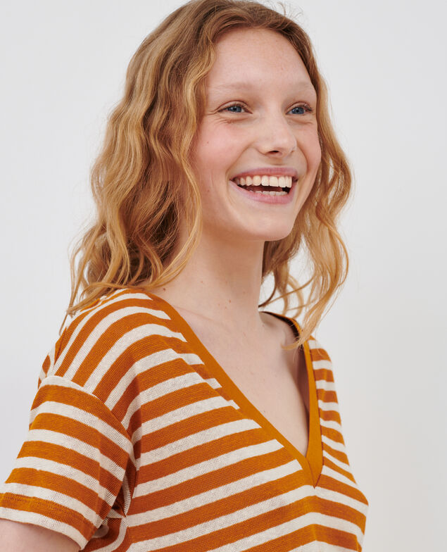 SARAH - T-Shirt mit V-Ausschnitt aus Leinen 122 stripes pumpkin