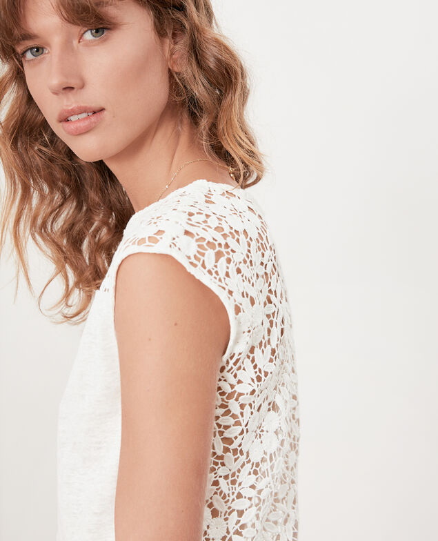 Leinen-T-Shirt mit Spitzenrücken Off white