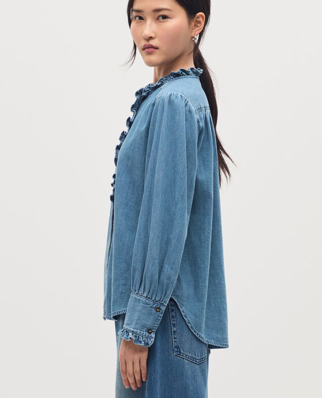 Bluse mit Volantkragen aus Baumwolle J621 light blue