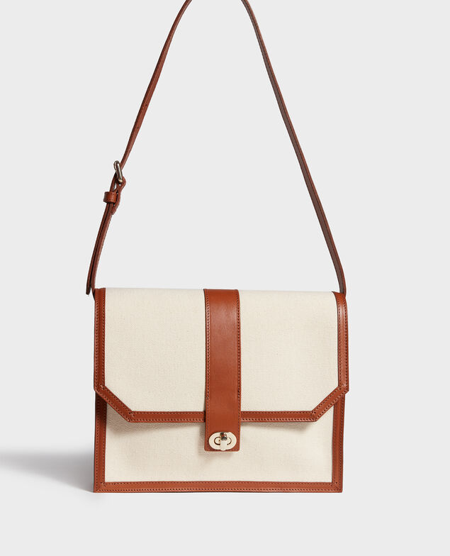 Tasche mit Klappe aus Stoff und Leder Gardenia camel