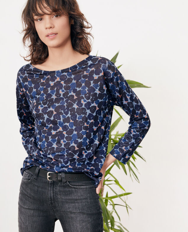 Bedrucktes T-Shirt aus Leinen Blossom shadow indigo