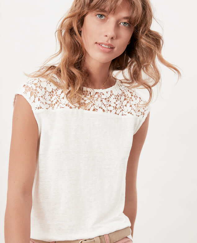 Leinen-T-Shirt mit Spitzenrücken Off white