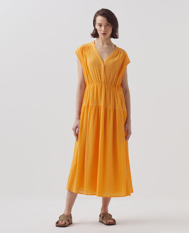 Langes Kleid aus Plissee-Baumwolle H450 artisan's gold