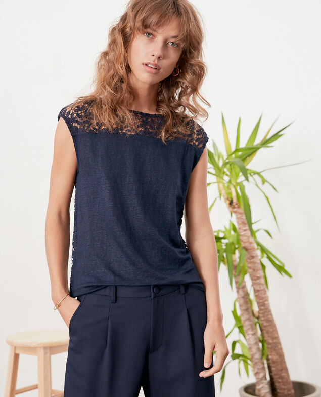 Leinen-T-Shirt mit Spitzenrücken Navy