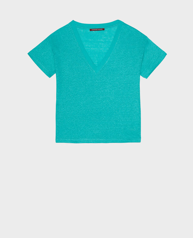 SARAH - T-Shirt mit V-Ausschnitt aus Leinen Bright aqua