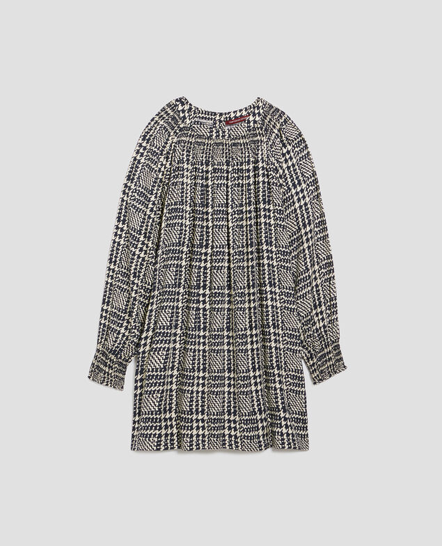 Kurzes, fließend fallendes Langarmkleid I681 houndstooth ble