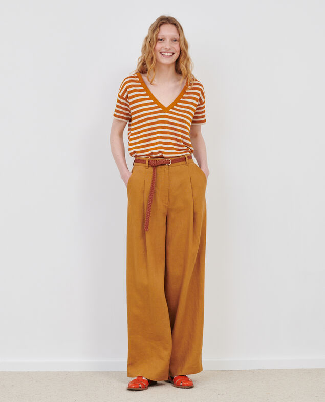 SARAH - T-Shirt mit V-Ausschnitt aus Leinen 122 stripes pumpkin