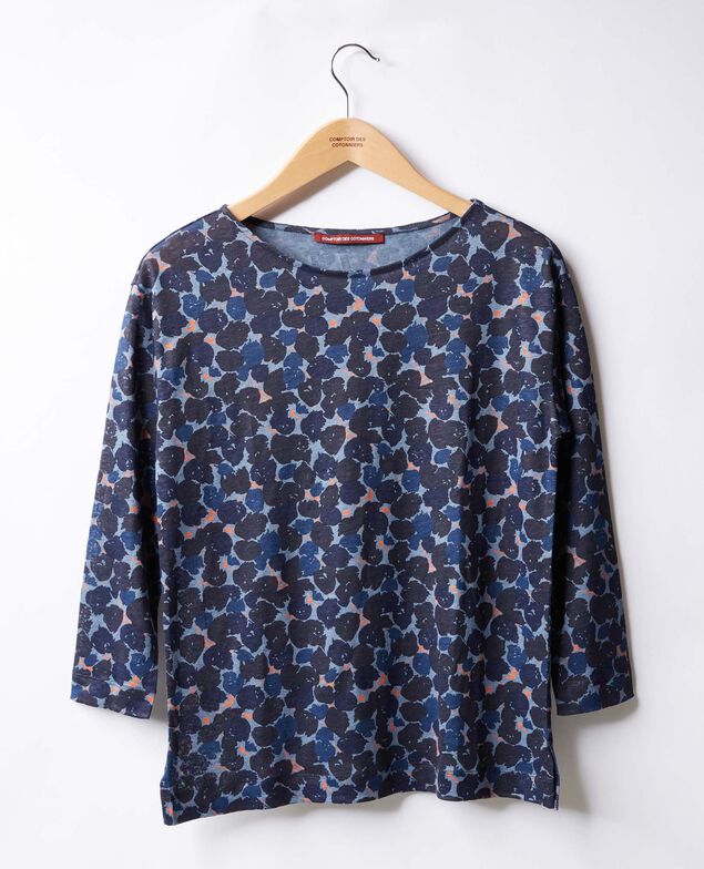 Bedrucktes T-Shirt aus Leinen Blossom shadow indigo