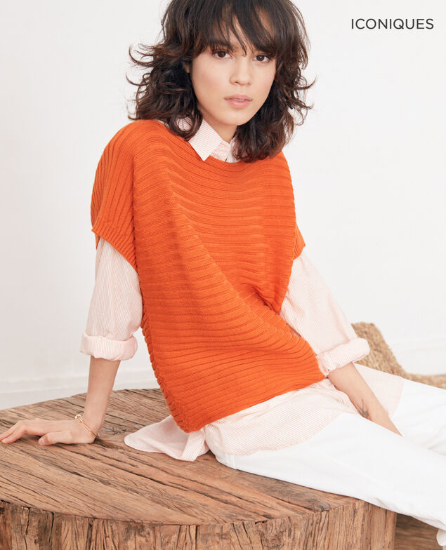 Nahtloser Rippstrickpullover mit kurzen Ärmeln Tangerine