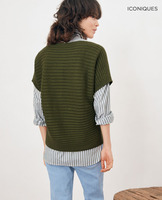 Nahtloser Rippstrickpullover mit kurzen Ärmeln Laurel green