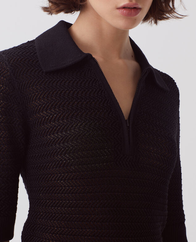 Baumwollpullover mit Polokragen mit Reißverschluss H091 black beauty