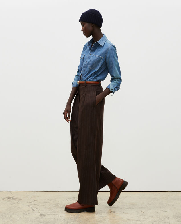 YVONNE - Hose weite Wollhose mit hoher Taille Stripe coffee bean