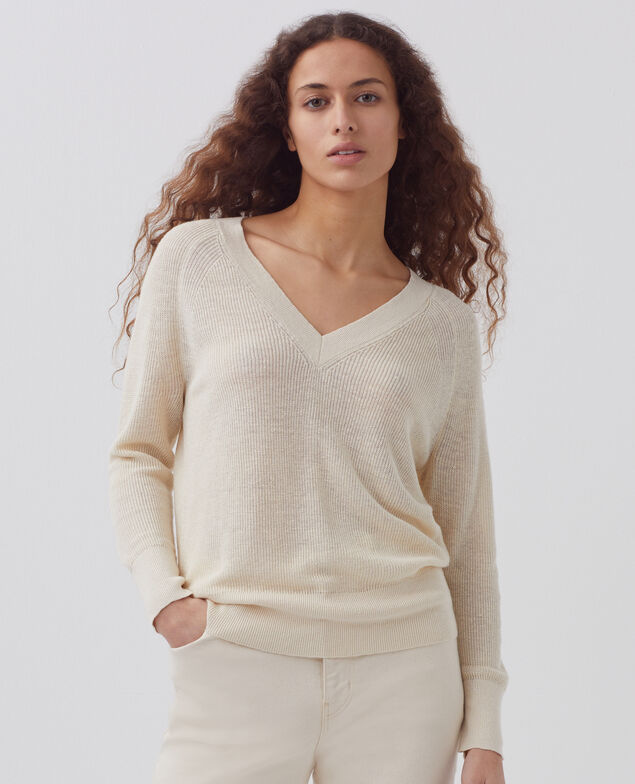 Pullover mit V-Ausschnitt aus Leinen H303 white swan
