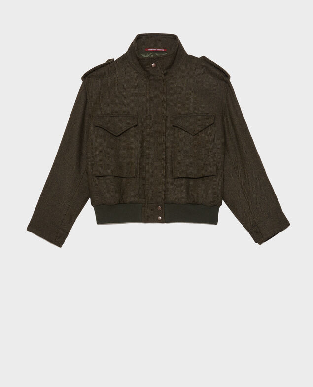 Bomberjacke aus Woll-Tweed mit Fischgrätmuster Military green