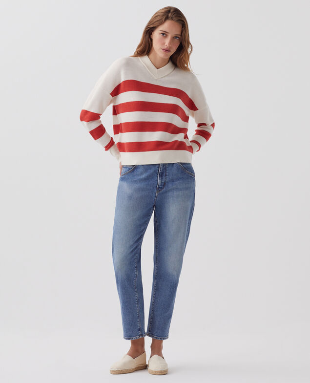 Marinepullover aus Merinowolle mit V-Ausschnitt J242 st ecru paprika