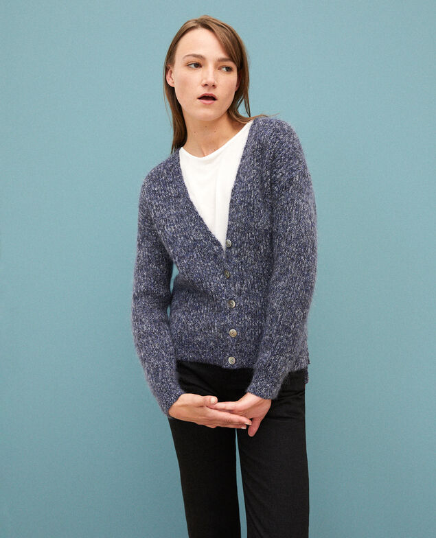 Melierter Cardigan aus Mohair Medieval blue/noir/off white