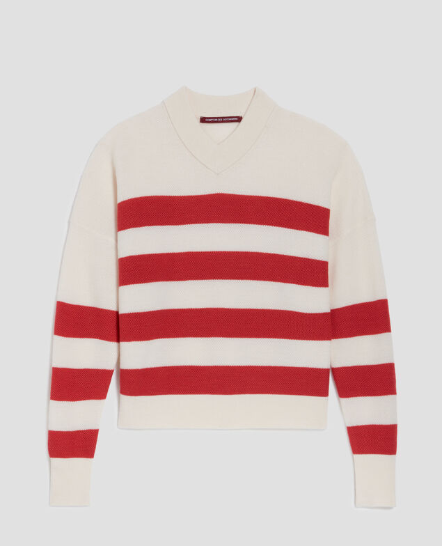 Marinepullover aus Merinowolle mit V-Ausschnitt J242 st ecru paprika