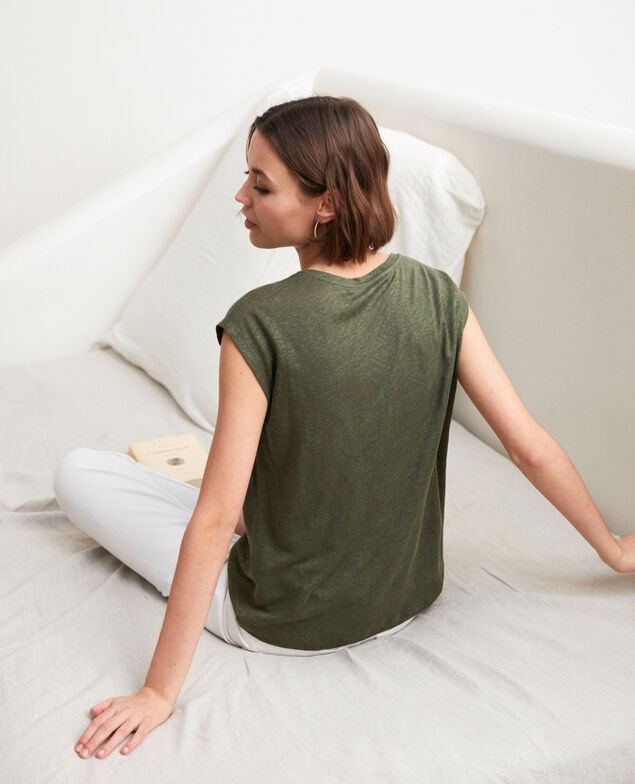  Leinen-T-Shirt, bestickt Cheng olive
