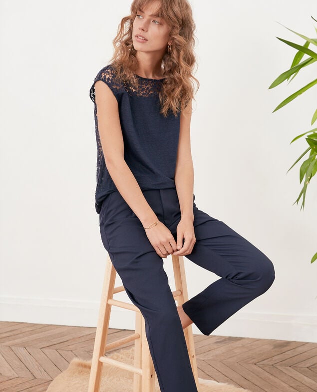 Leinen-T-Shirt mit Spitzenrücken Navy