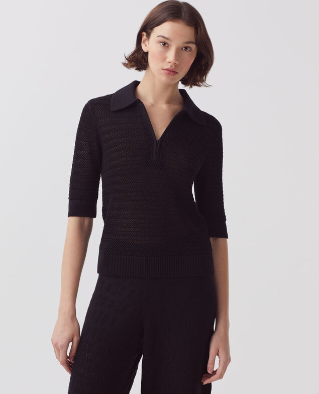 Baumwollpullover mit Polokragen mit Reißverschluss H091 black beauty