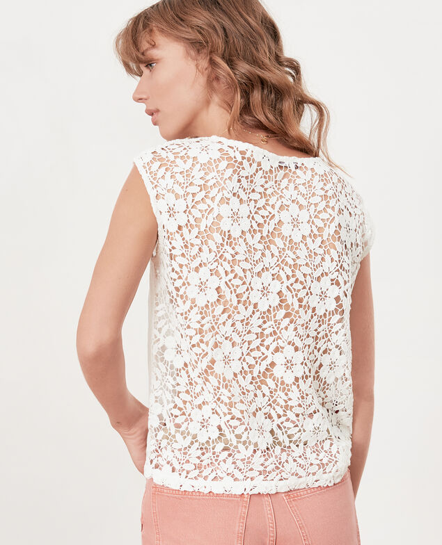 Leinen-T-Shirt mit Spitzenrücken Off white