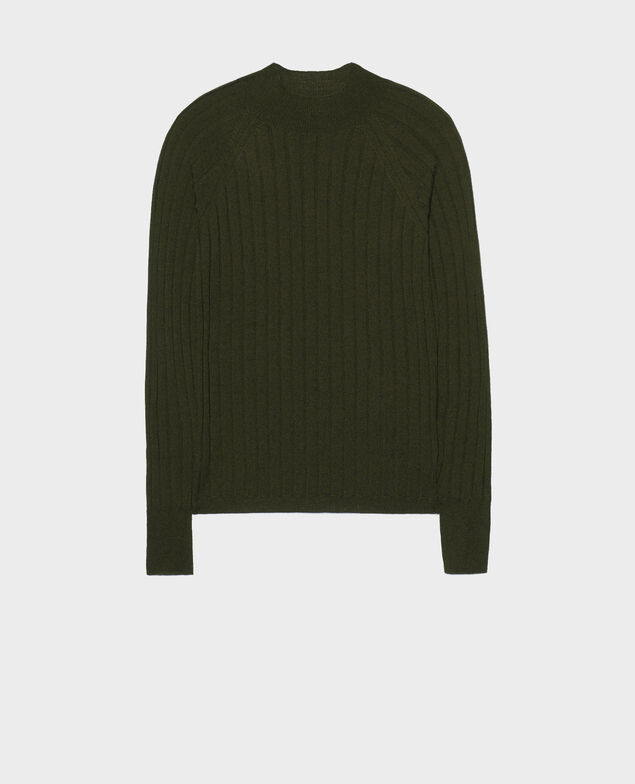  Rippstrickpullover mit Stehkragen aus Merinowolle Military green