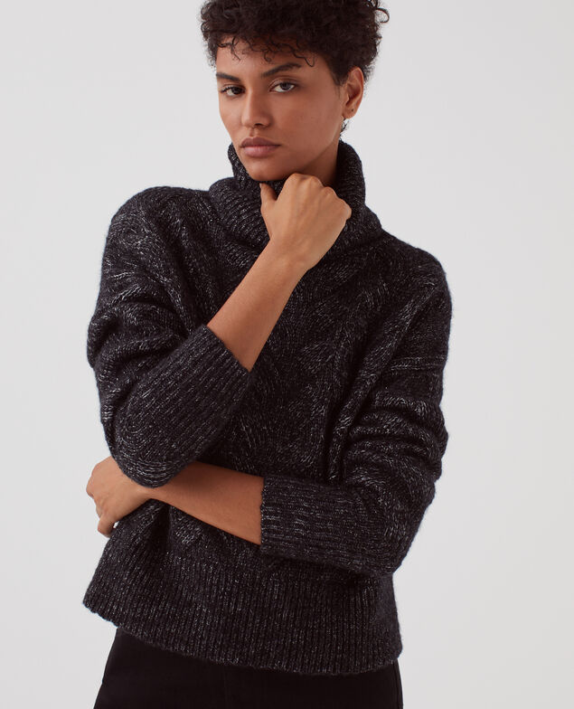 Strickpullover mit Zopfmuster H099 black lurex