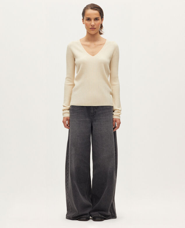 Pullover mit V-Ausschnitt mit Merinowolle K300 ecru beige