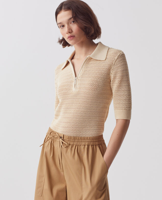 Baumwollpullover mit Polokragen mit Reißverschluss J300 natural