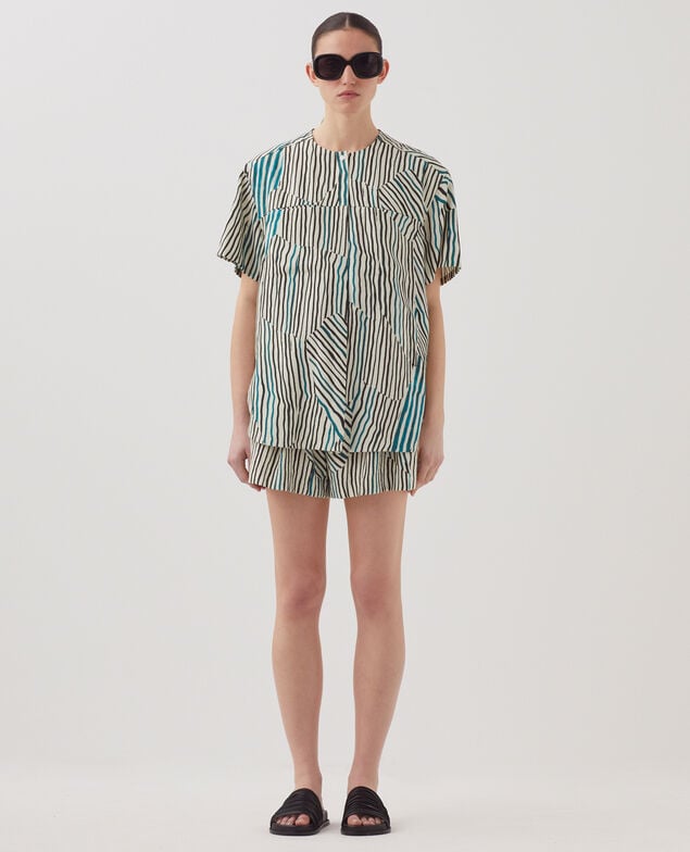 Fließend fallende Bluse mit Zebrastreifenmuster J014 big zebra ecru