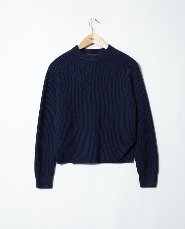 Pullover mit Stoffeinsätzen unten 100% Merinowolle Navy