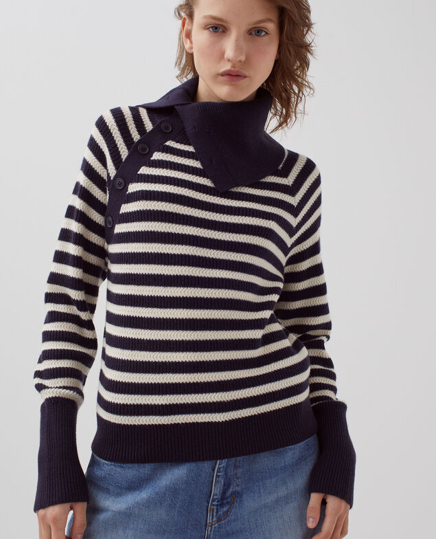 Marinepullover aus Merinowolle mit Knopfleiste I696 st ecru navy