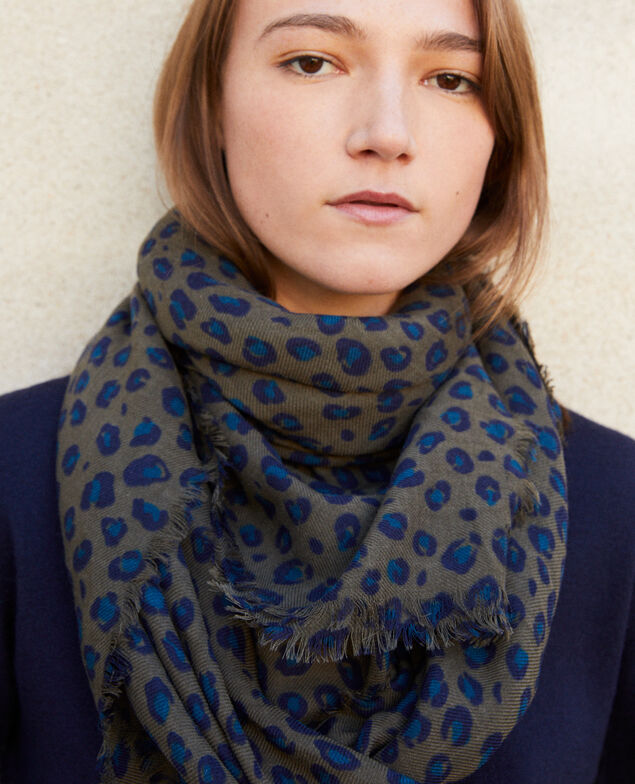 Gemustertes Tuch aus Wolle Blue leopard olive night
