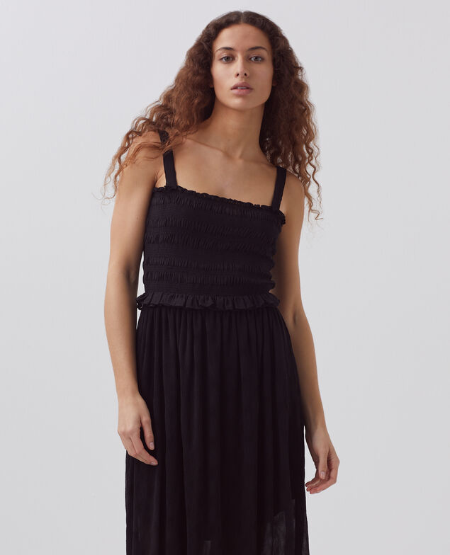 Fließend fallendes, langes gesmocktes Kleid H091 black beauty