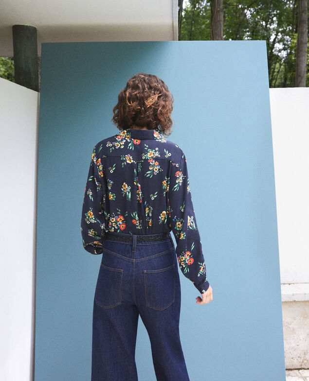 Bluse mit Pyjamakragen Fleurs navy