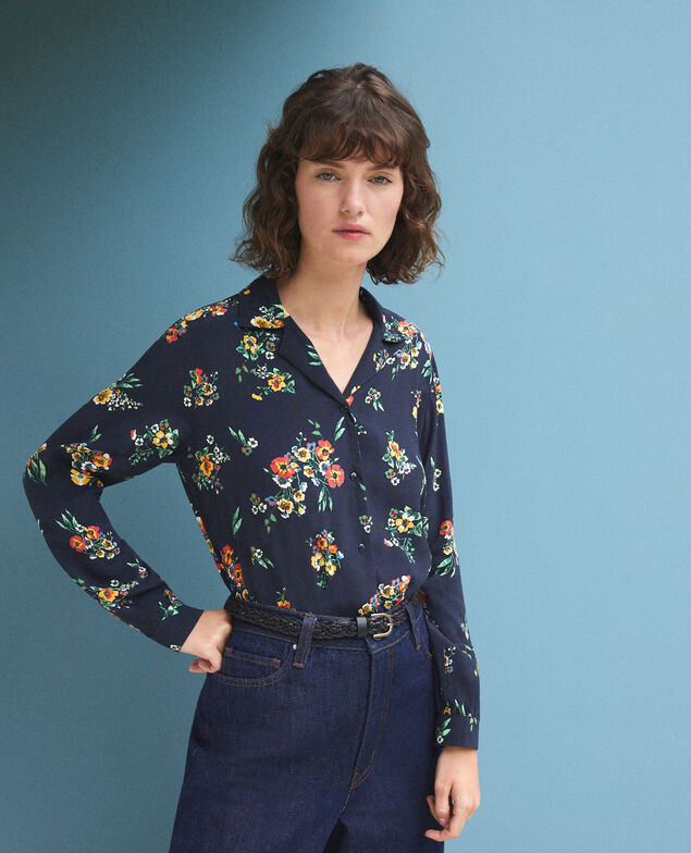 Bluse mit Pyjamakragen Fleurs navy
