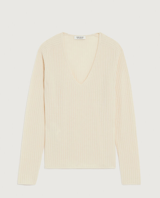 Pullover mit V-Ausschnitt mit Merinowolle K300 ecru beige